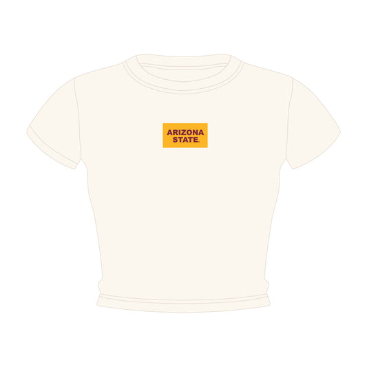 The Raegan Ribbed Baby Tee Arizona State Woven Label | Bone