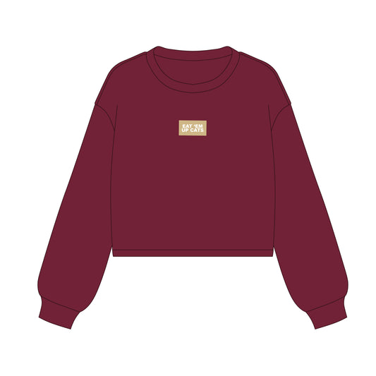 The Becca Boxy Crewneck Eat 'Em Up Cats Woven Label | Maroon