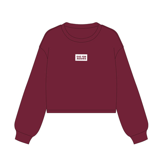 The Becca Boxy Crewneck Gig 'Em Aggies Woven Label | Deep Maroon