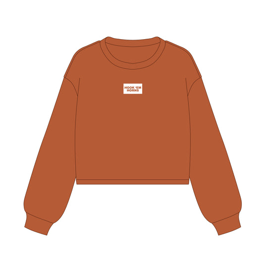 The Becca Boxy Crewneck Hook 'Em Horns Woven Label | Youth Burnt Orange