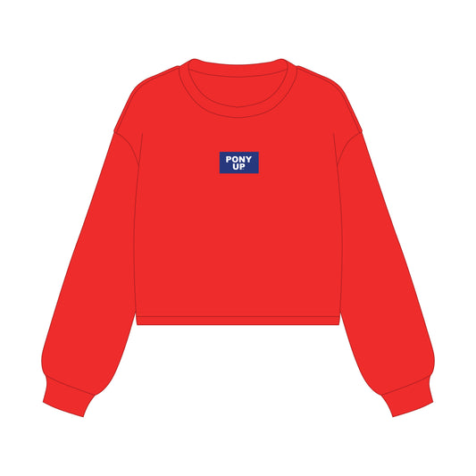 The Becca Boxy Crewneck Pony Up Woven Label | Bright Red