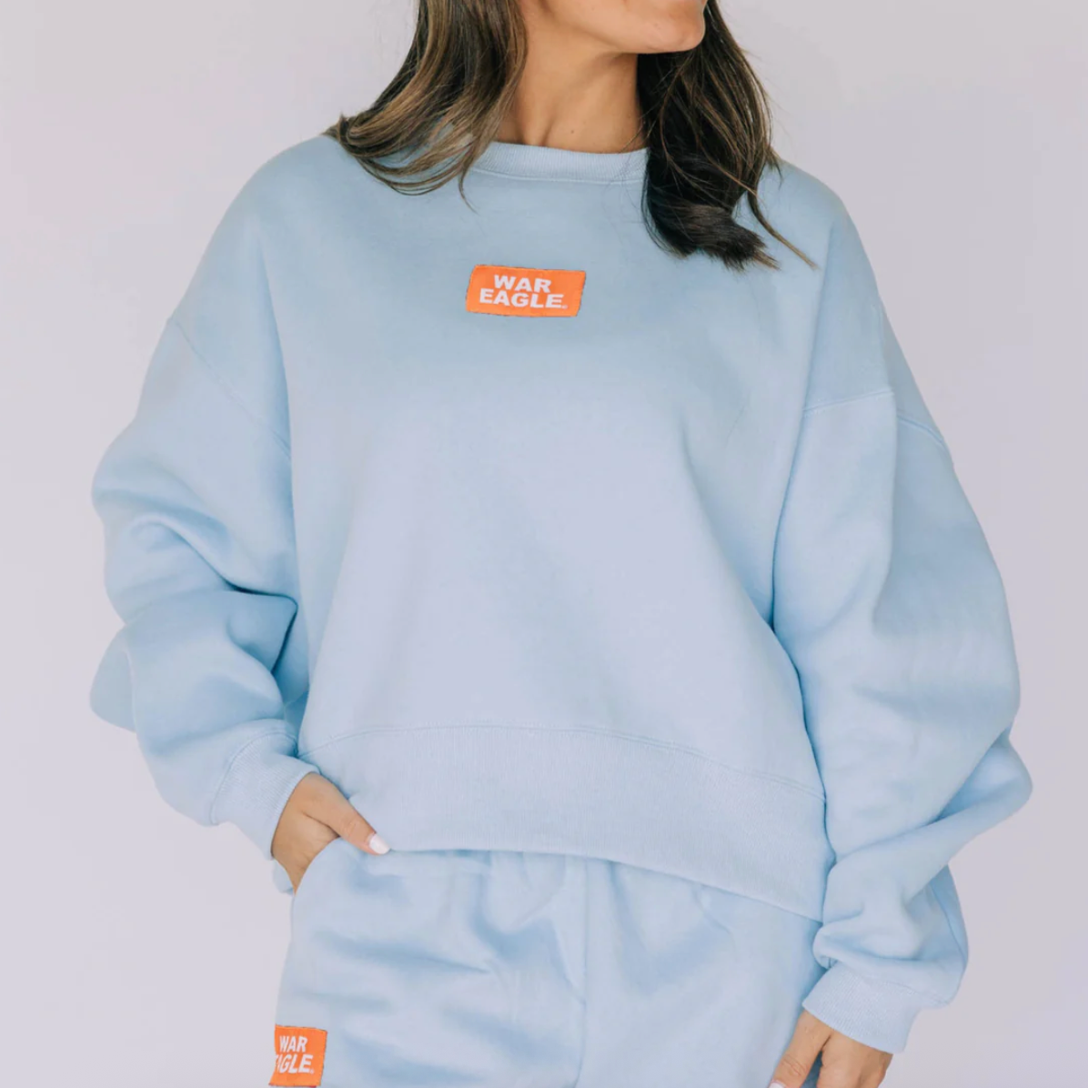 The Becca Boxy Crewneck War Eagle Woven Label | Light Blue