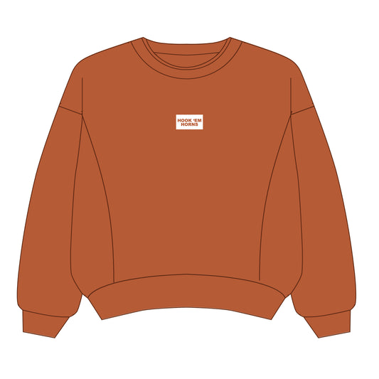 The Molly Corded Crew Hook 'Em Horns Woven Label | Burnt Orange