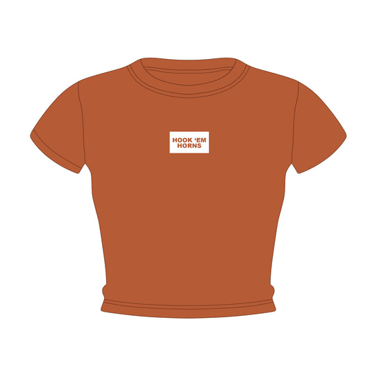 The Raegan Ribbed Baby Tee Hook 'Em Horns Woven Label | Burnt Orange