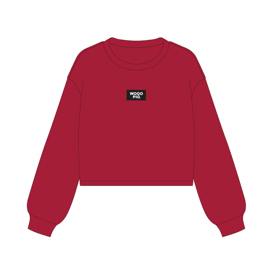 The Becca Boxy Crewneck Wooo Pig Woven Label | Crimson