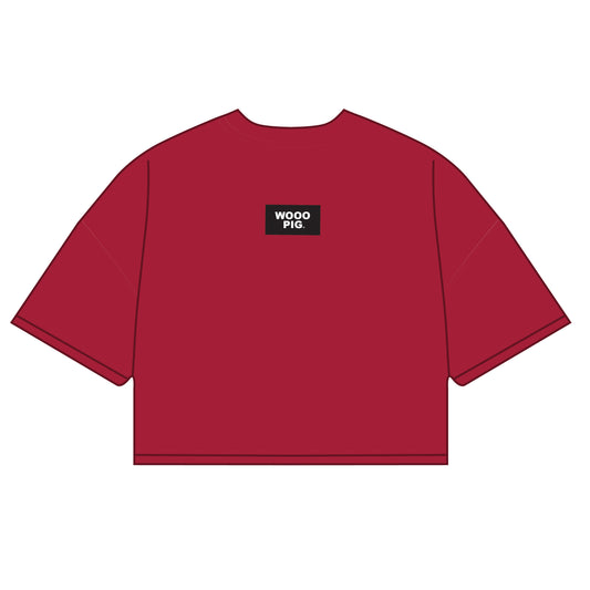 The Kristen Airy Tee Wooo Pig Woven Label | Crimson